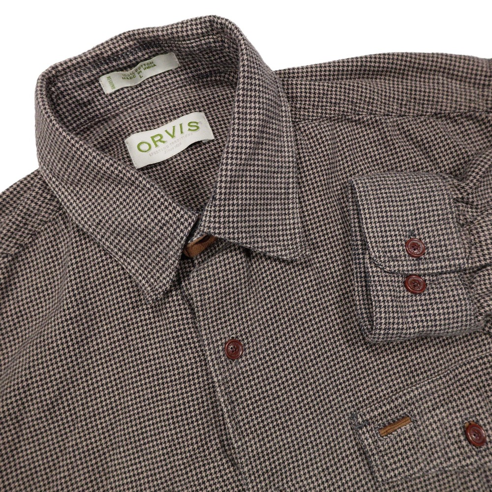 VTG ORVIS Mens L Brown Black Houndstooth Long Sleeve Button Up Flannel Shacket